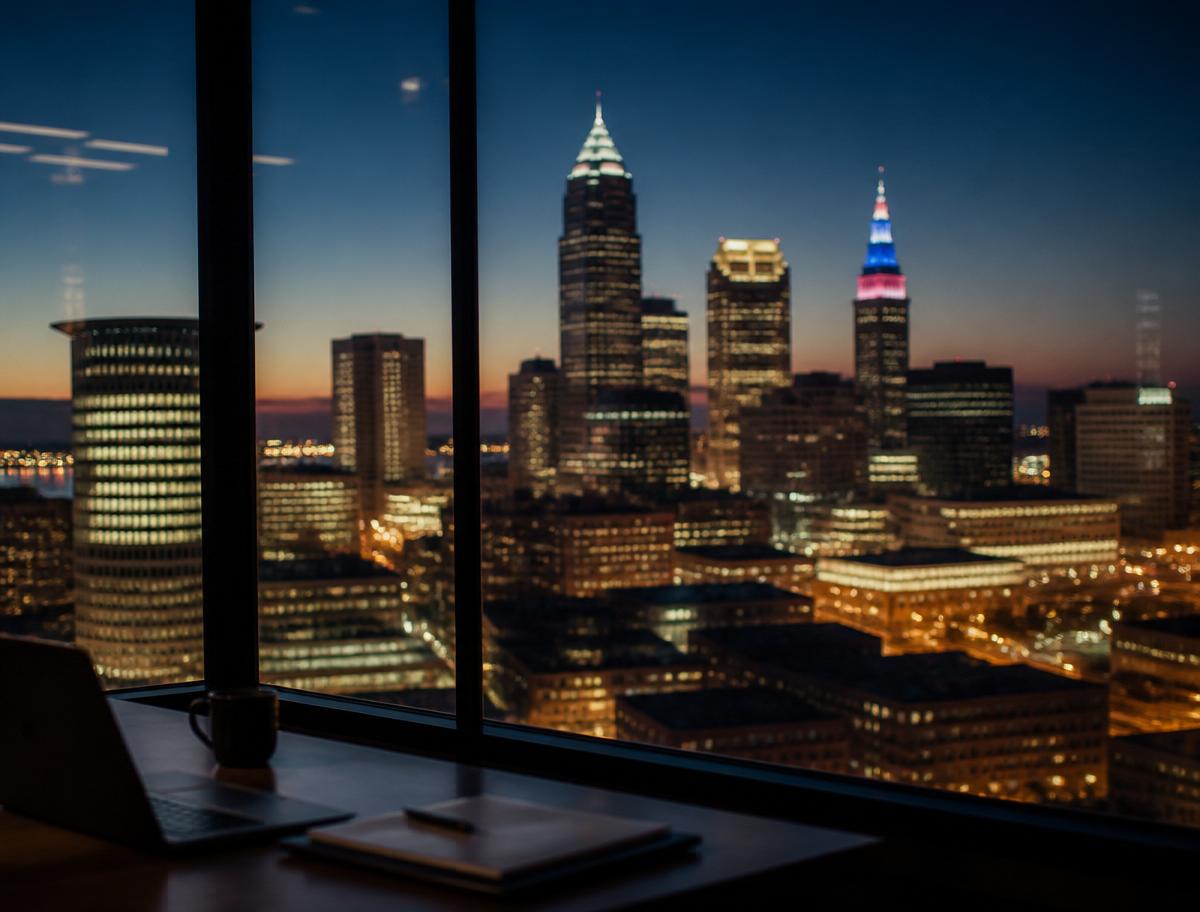 Cleveland skyline at dusk viewed from a professional office